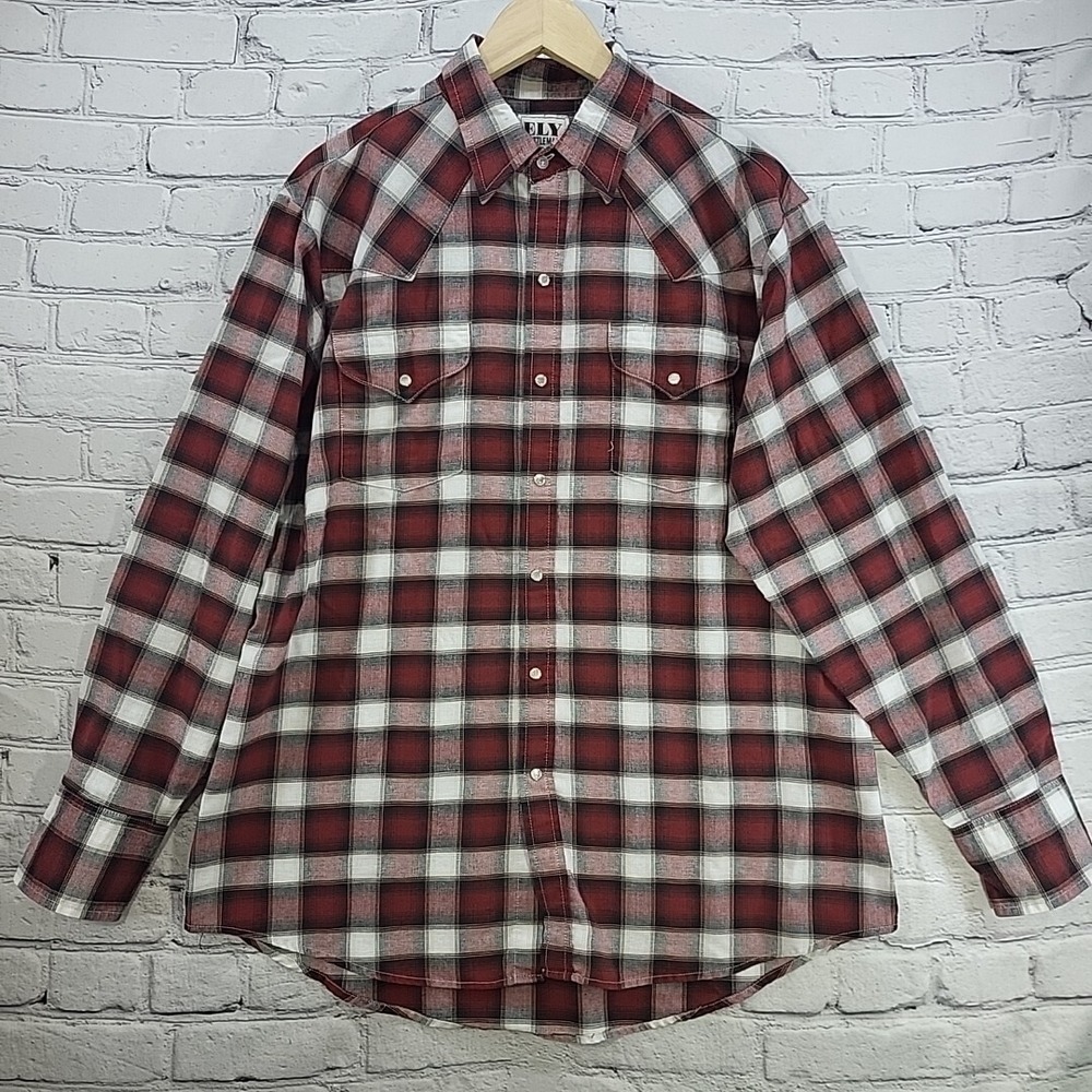 Ely‎ Cattleman Shirt Mens sz L Western Pearl Snap Red Black Plaid Flaw Spot